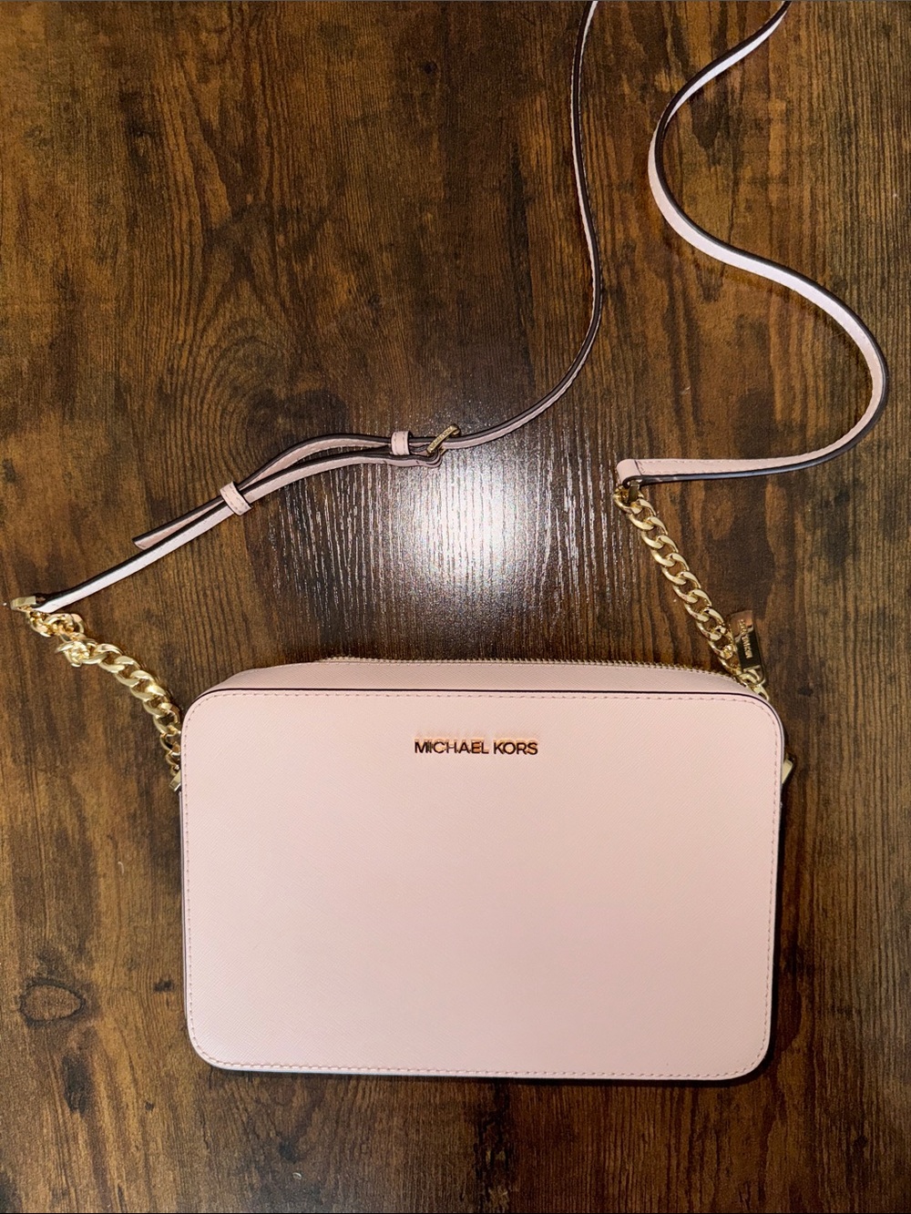 Michael Kors Pale Pink Saffiano Crossbody with Gold Chain
